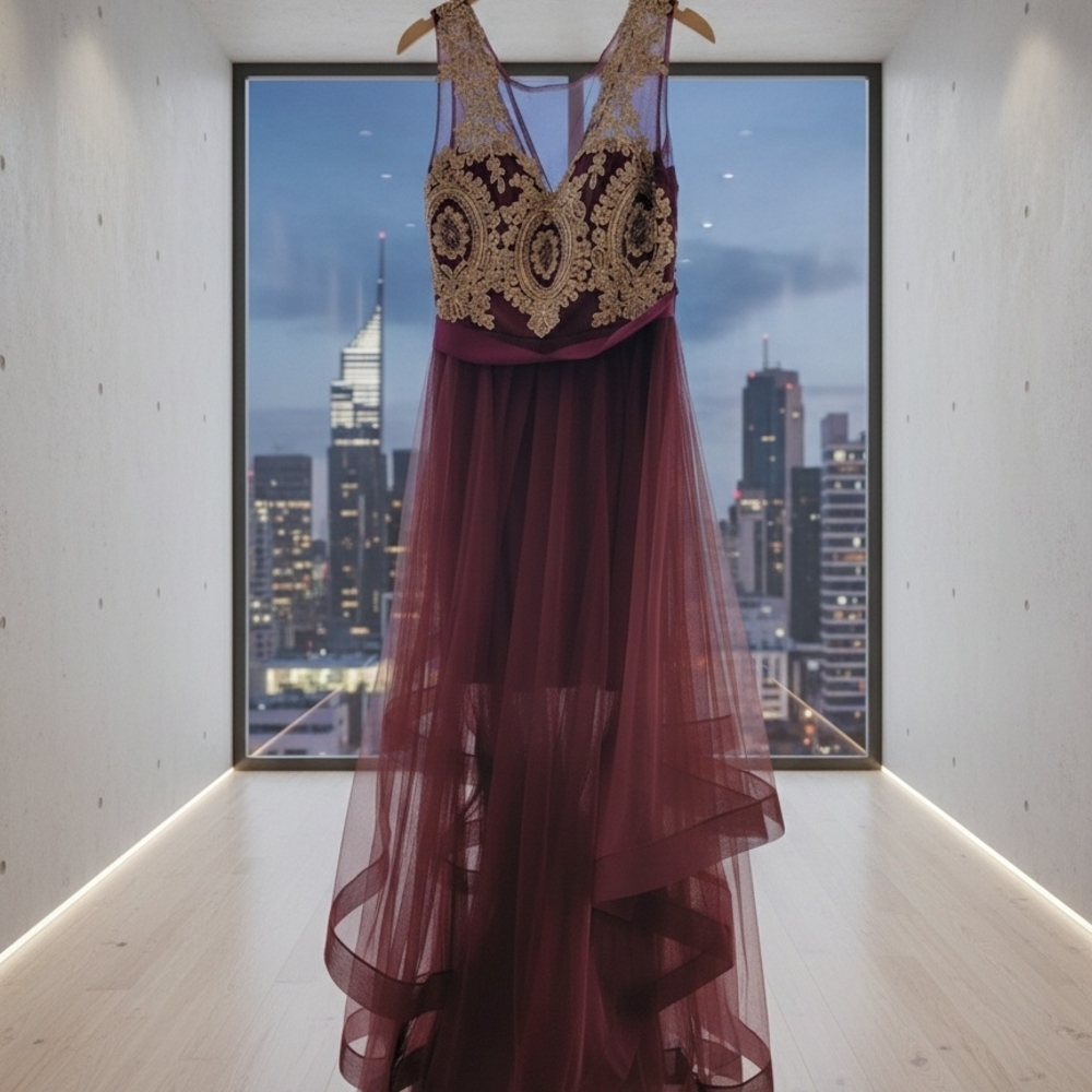 City Triangles Burgundy and Gold Formal Juniors Dress